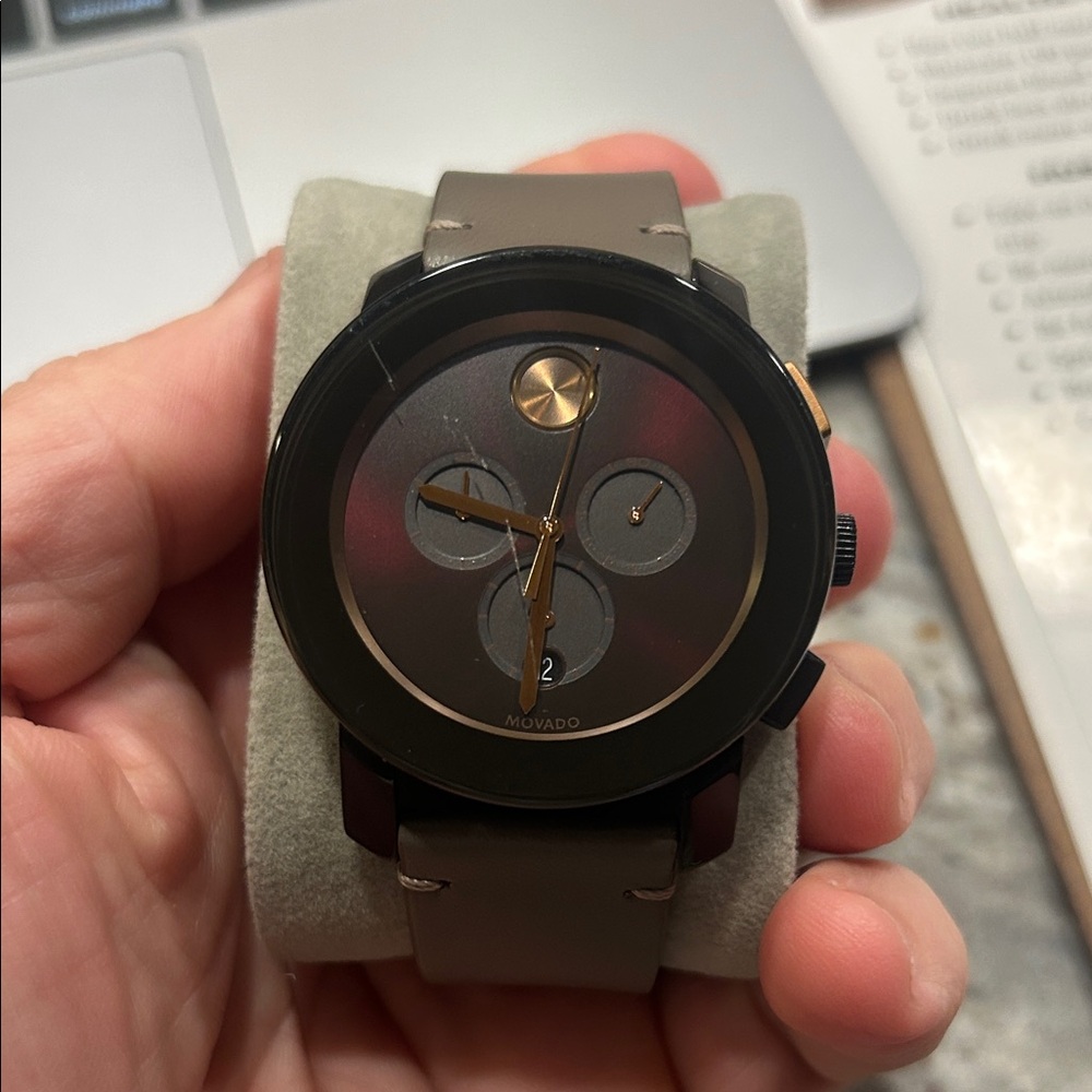 Movado Bold Chronograph 44mm Black Ion-Plated Grey Dial Watch Taupe Strap